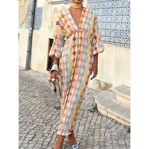 Commense Boho Maxi Dress Colorful Diamond Print V
Neck Long Sleeve Party Dress